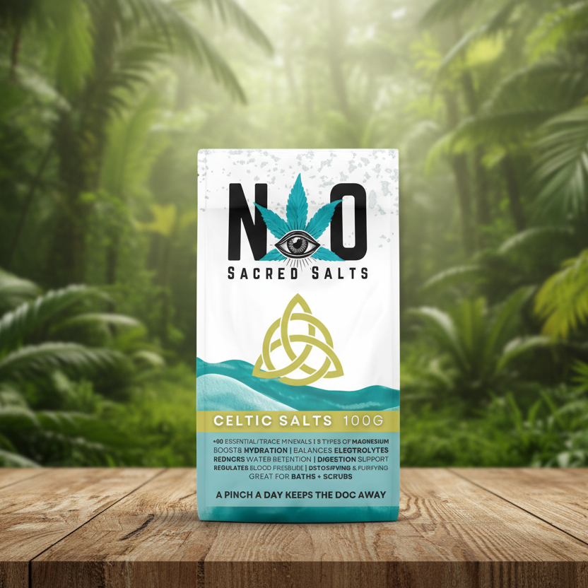 Package of 'NWO Sacred Salts' with Celtic design and text on a white background