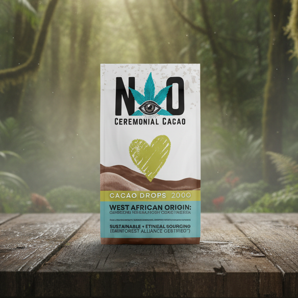 Ceremonial Cacao packaging on a wooden table with a forest background