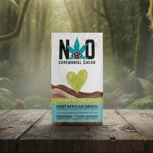 Ceremonial Cacao packaging on a wooden table with a forest background